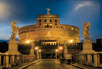 The Statue of St. Michael Archangel overlooks the Ponte Sant'Angelo and Castel Sant'Angelo, Rome